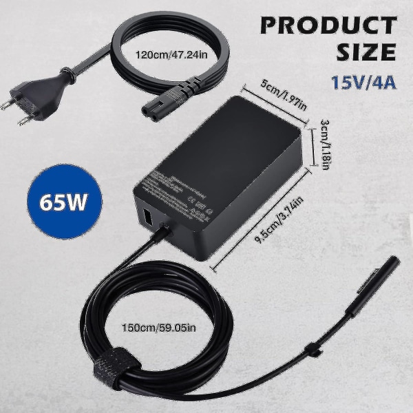 Surface Pro-laddare, 65w 15v 4a Microsoft Surface-laddare kompatibel med Surface Laptop 4/3/2/1, Surface Book1/2, Surface Pro 3/4/5/6/7/8/9/x, Surfac