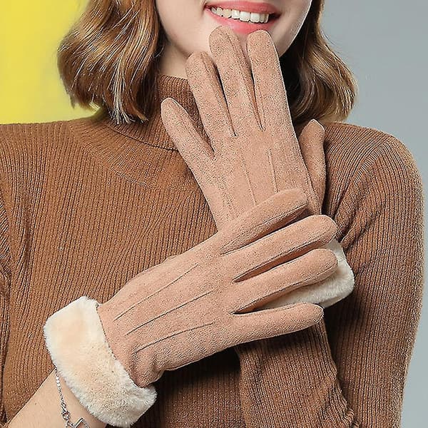 Dame Solid Faux Fur Suede Handsker Fuldfinger Touch Screen Vinter Termiske Vanter Håndvarmer