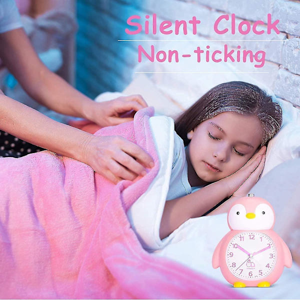 Barnklocka Söt Pingvinväckarklocka Med Nattljus Snooze Väckarklocka - Rosa