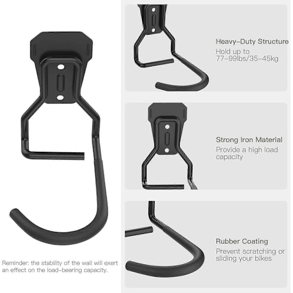 Sett med 4 sykkelkroker, jernhengere, kraftige L-formede oppbevaringsveggfester, praktisk sykkelstativ for hjemmegarasje, svart