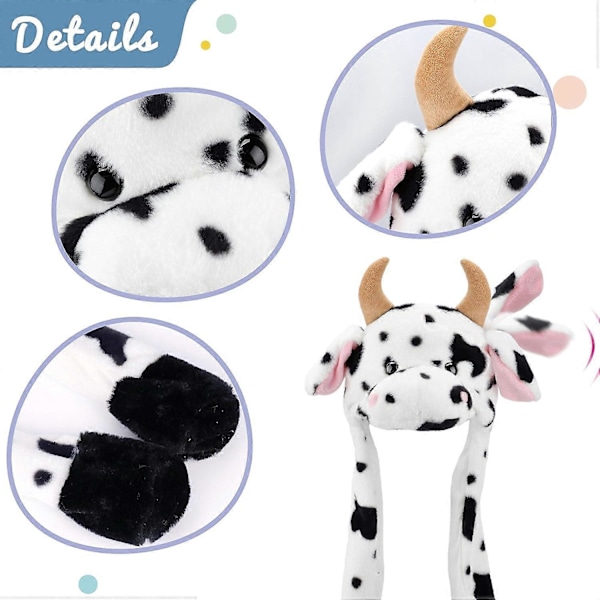 Kuhatt med ører som beveger seg, hopper opp og ned, slår hatt, plysj gårdsdyr, høytids-cosplay, utkledning, morsom gave til barn jenter, 56 cm