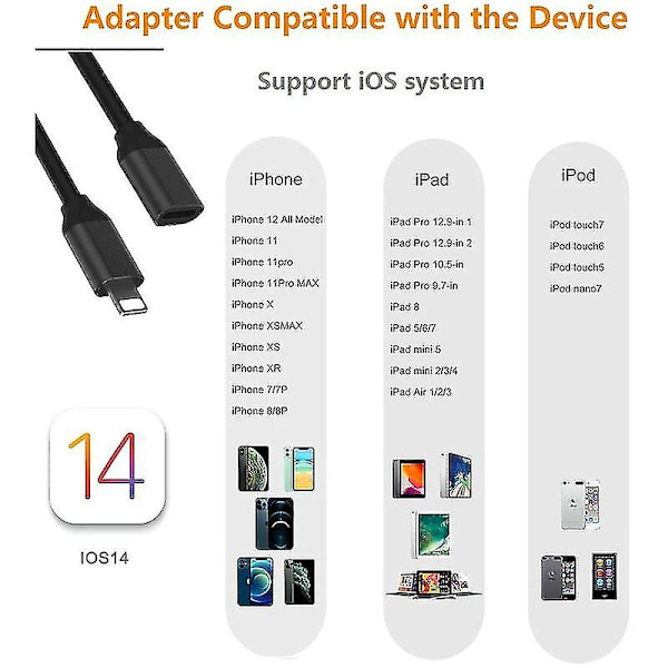 Lightning-kabel förlängning 1m för iPhone iPad, Apple Mfi-certifierad iPhone-förlängningssladd hona till hane-kontakt överför ljudvideo musik dataöverföring