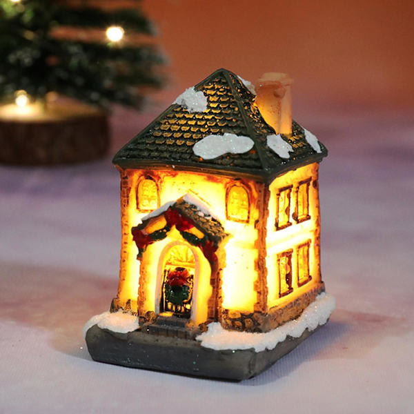 4 stk. Lysende Julepynt LED Hus Miniaturehus Med Kalender