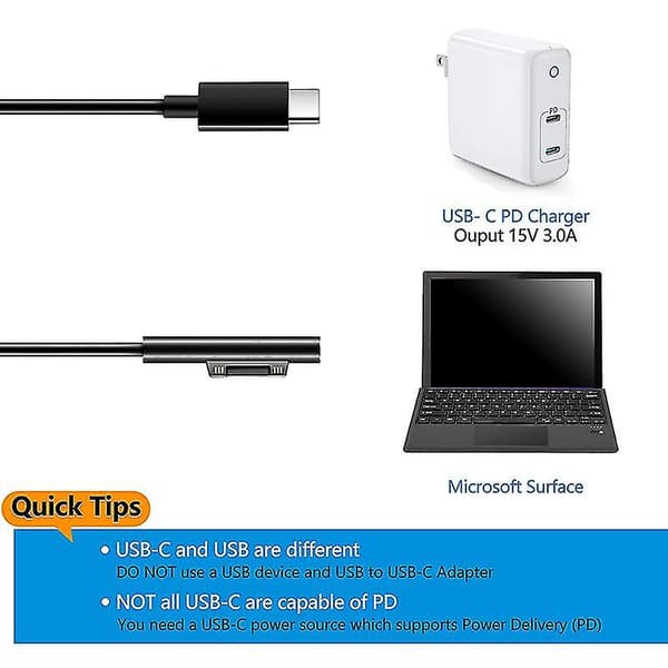 For Surface Connect til USB-C opladningskabel Kompatibel med Surface Pro 3/4/5/6/7, Surface Laptop 3/