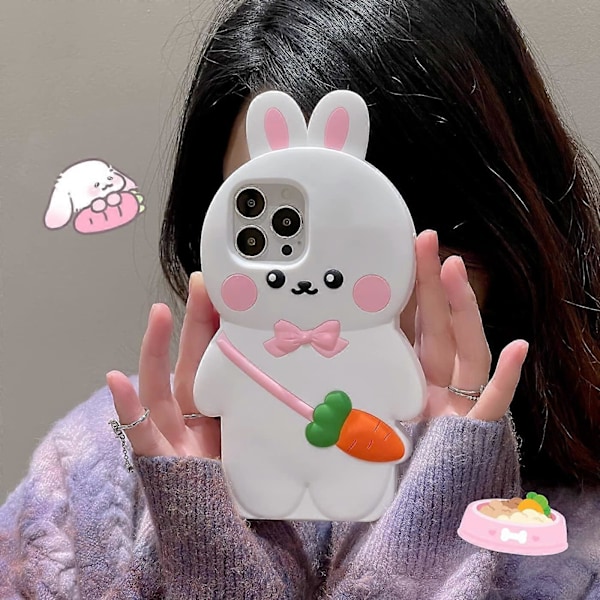 Kawaii telefonfodral för iPhone 13 Pro Max, sött 3D tecknat kanin telefonfodral mjukt silikon roligt vitt kanin med morotsväska