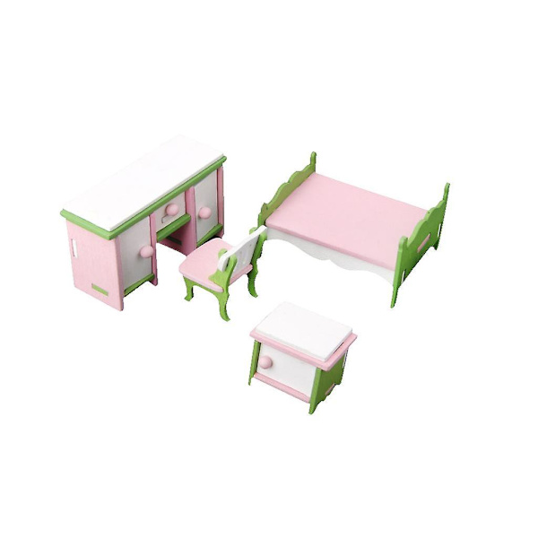 Dockhus Miniatyr Möbler Trä Leksak Barn Sovrum Set