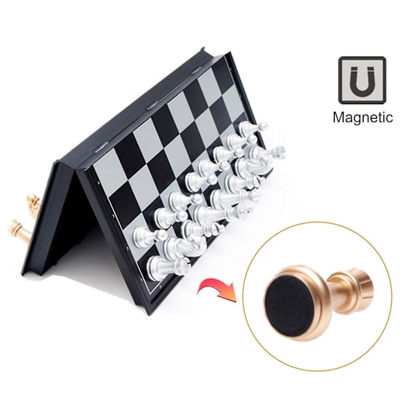 Magnetiskt schackset med vikbart schackbräde, guld- och silverpjäser
