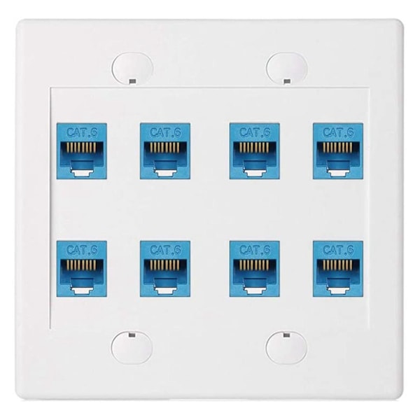 Ethernet veggplate med 8 porter - Dobbel Cat6 RJ45 nettverkskabel frontplate hunn til hunn - Blå