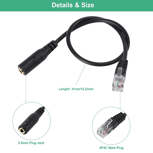 3,5 mm Pluggkontakt til RJ9 for Headset til Adapterkabel for Kontortelefon