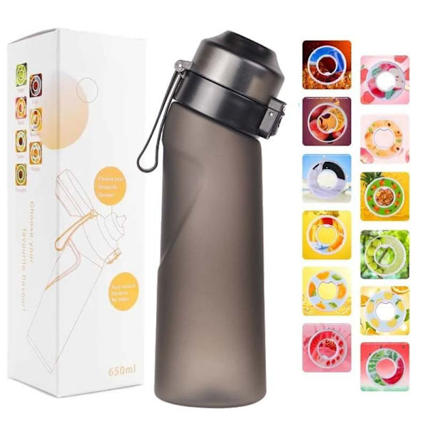 Smagstilsættet vandflaske med 7 smagspods Air Water Up flaske Frostmat sort 650ml Air Starter Up Set Vandkrus til camping Sport Klar Sort