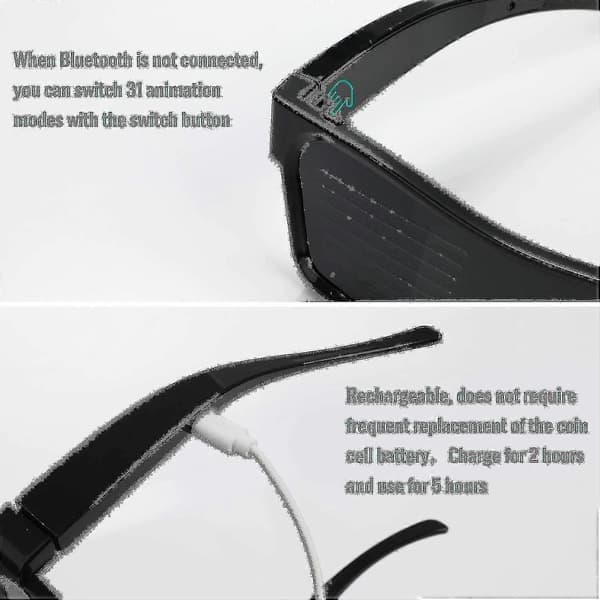LED-briller med Bluetooth-app, tilkoblet LED-skjerm, smarte briller, DIY, funky briller