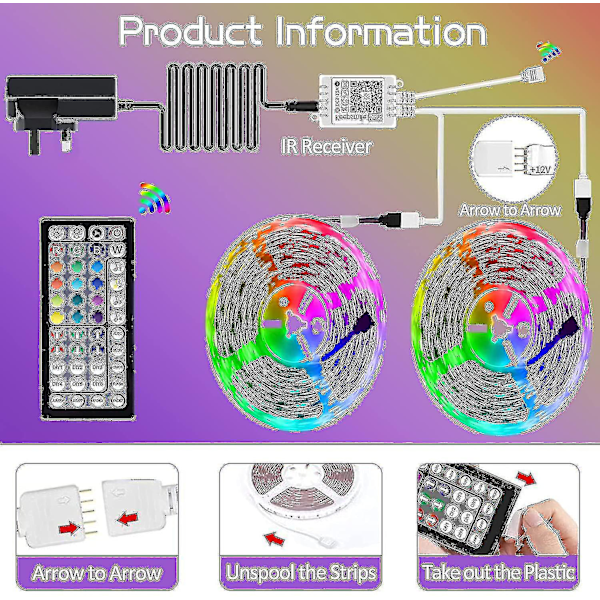 20m LED-lys Bluetooth RGB-lys LED-båndlys med 44-tasters fjernkontroll musikk synkronisering fargeskiftende LED-stemningsstripe