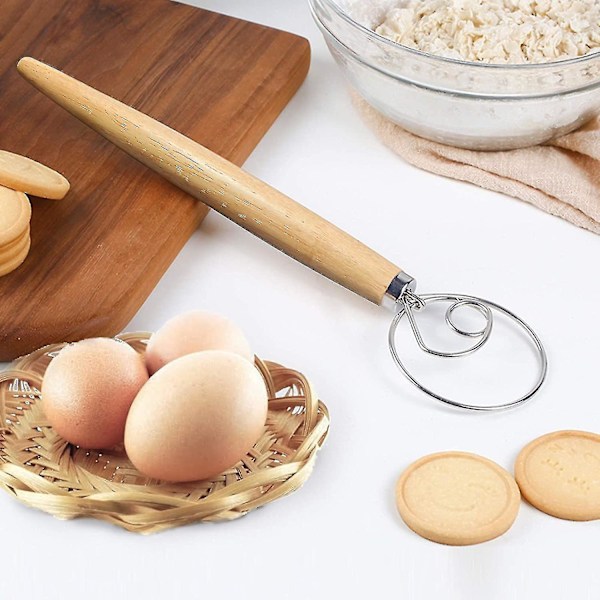 2 stk. Dansk Dejpisker, Brødpisker, Hollandsk Pisker, Træ Dansk Pisker, 13 Tommer Premium Rustfrit Stål Konditorpisker, Pisker Køkkenredskab Til Brød, B