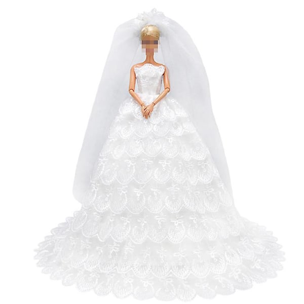 2 st 30 cm Barbie Kläder Dockor Lyxig Mode Nio Lager Bröllopsklänning (Vit+Rosa)