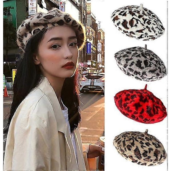 Dam Beret Hatt med Leopardmönster i Ull, Fransk Beret, Vintervarm Beanie