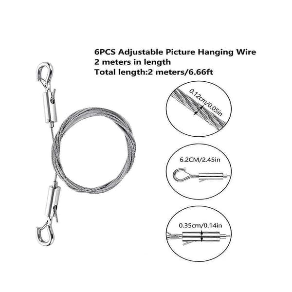 6 STK Justerbar Billedophængningswire, 2M X1.5mm Billedwire med Krog, Rustfrit Stål Billedwire