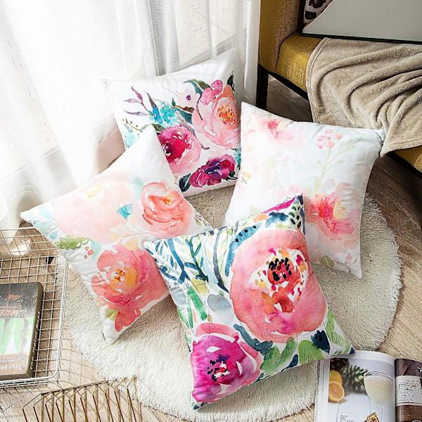 Set med 4 Kuddfodral - Pioner, Sommarakvarell, Blommig, Rosa Blomma, Flickig, Pastellmint, Färgglad, Dekorativ, Kuddfodral, Heminredning, Kvadratisk, 18x18