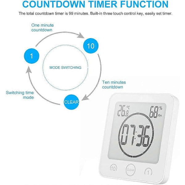 Digital Duschklocka Timer, Vattentät Badrumsmonitor Med LCD Digital Display, Pekskärmstimer, Multifunktionell Temperatur- & Luftfuktighetsindikator,