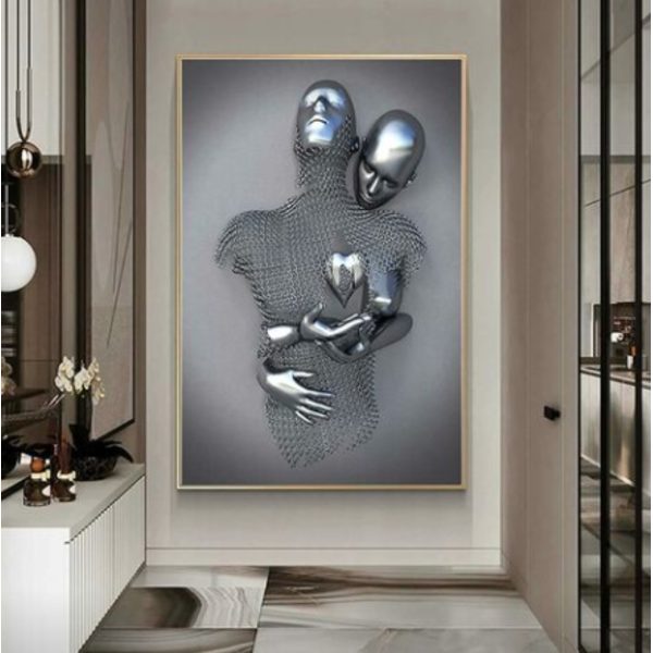 Kärleks hjärta 3D-effekt väggkonst abstrakt metallsculptur modern canvasmålning väggdekor 30*40cm grå