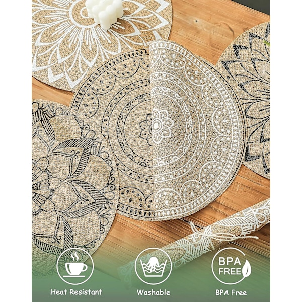 6 kpl Boho PVC-pyöreitä pöytäliinoja ruokapöytään Mandala-pöytäliinat Pestävä Lämpöä Kestävä Jute Retro Pöytäkoriste (a)