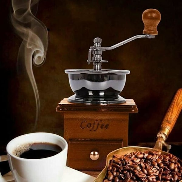 Retro Brun Træ Hånddrevet Kaffe Kværn Bærbar Håndsving Kaffe Kværn Antik Design Espresso Kværn til Kaffe Bønner Rustfrit Stål Mejsling