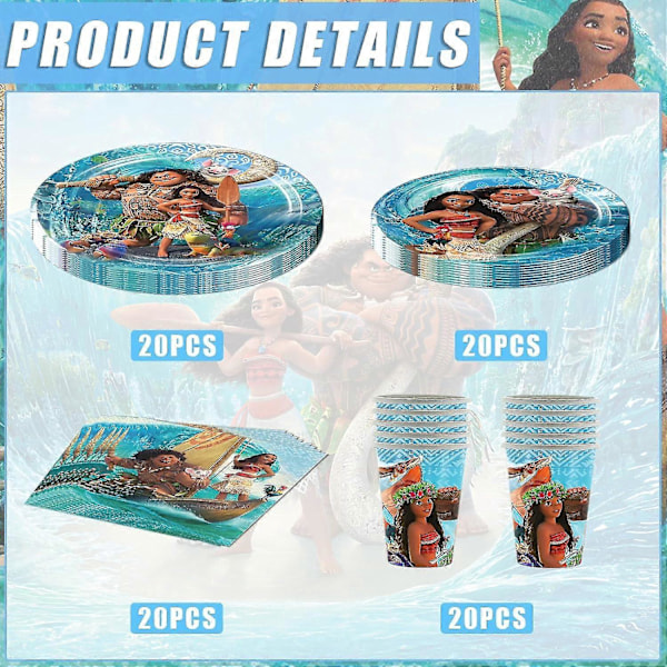80 st Moana födelsedagsfesttillbehör, Moana bordsdukningssats inkluderar 40 st tallrikar, 20 st servetter, 20 st pappersmuggar för pojkar och flickor