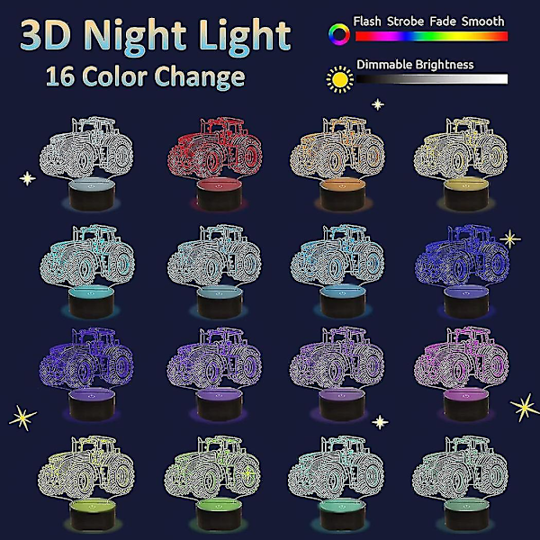 Wekity Lastbil 3D Illusion Nattlampa, Traktor 16 Färgväxlande Dimbar Hologram Belysning, Smart Timer Leksak USB Laddning Bord Skrivbord Sovrum Dekoration