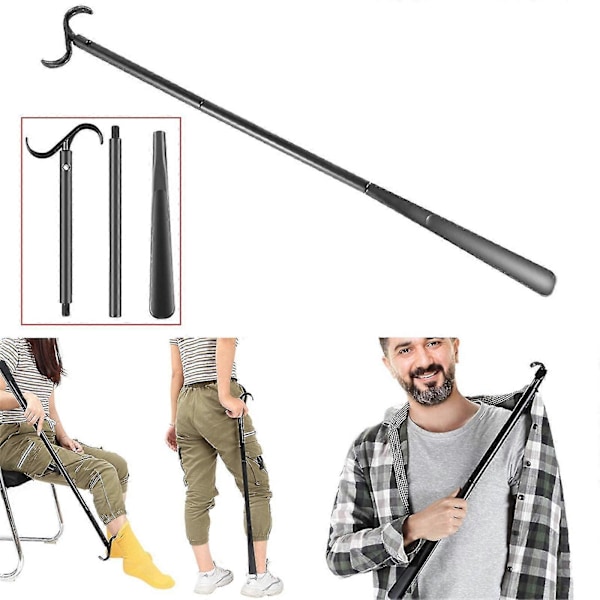 Klädningshjälpstav med sko-horn och strumppåtagare, utdragbar
