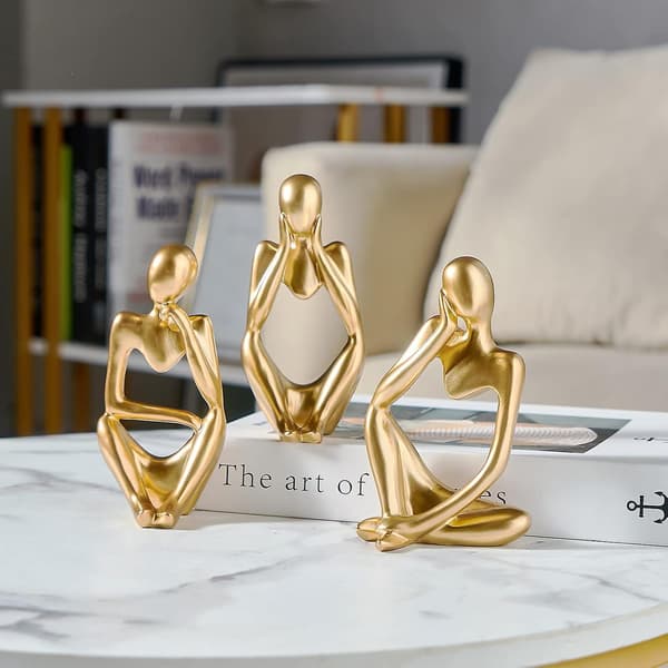 Gulldekorativ Tenker-Statue Abstrakt Kunst Skulptur, Sett med 3 Gullharpiks Samleobjekter
