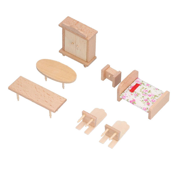 Dockhus Trä Sovrum Möbler Set Miniatyr Utsökt Lätt Möbler för Dockhus