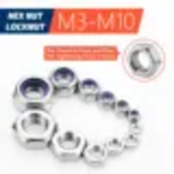 Låsemuttere og sekskantsmuttere sortimentsett M3 M4 M5 M6 M8 M10 Rustfritt stål 175 stk Assortert metrisk nyloninnsats lås- og sekskantsmuttersett