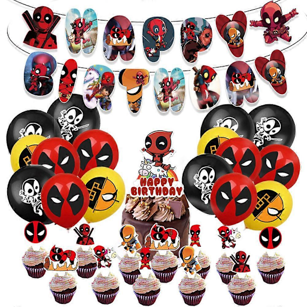 Deadpool-teemainen syntymäpäiväjuhlatarvikkeet, ilmapallot, banneri, kakku ja cupcake-koristeet