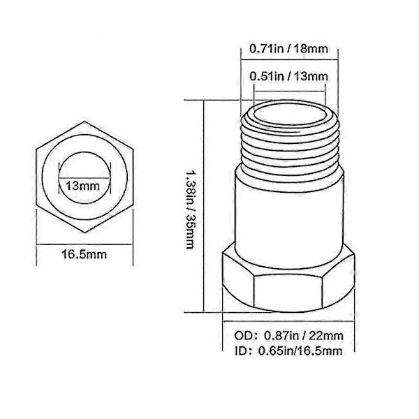 2 stk M18x1.5 rustfritt stål gjengeadapter, oksygensensoradapter oksygen O2-sensor