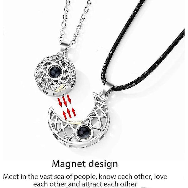Sol & Måne 100 Språk Jag Älskar Dig Projektionshalsband för Par, Matchande Halsband för Par, Bästa Vän Halsband för 2 Tw