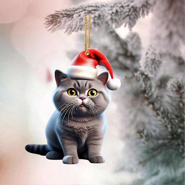 6 st julgransdekorationer 2D tecknade kattberlocker hängande akryl prydnader för jul hem bil dekoration