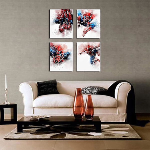 Serienfigur Superhjälte Spiderman Tema Konstmålning Set om 4 (8x10 Canvas Bild) Barn Pojkar Födelsedagspresent Spelrum Dekoration Konsttryck