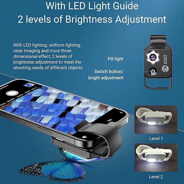 APEXEL 200X Forstørrelsesmikroskoplinse med CPL Mobil LED Lys Mini Lomme Makrolinser til iPhone Alle Smartphones sort