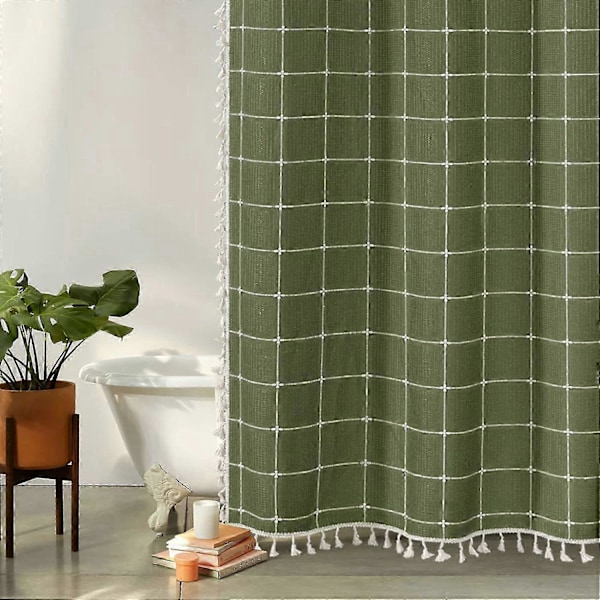 Grön Boho Farmhouse Duschdraperi med Tofsar, Rustik Cottagecore Estetisk Bohemisk Chic Modern Badrumsinredning Tjockt Våffelmönstrat Tygduschdraperi