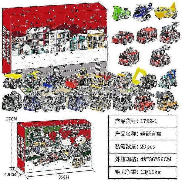 Julekalender, julekalender til børn med 24 dages nedtælling Træk tilbage Biler Legetøj Julekalender Blind Box Gave til Ki