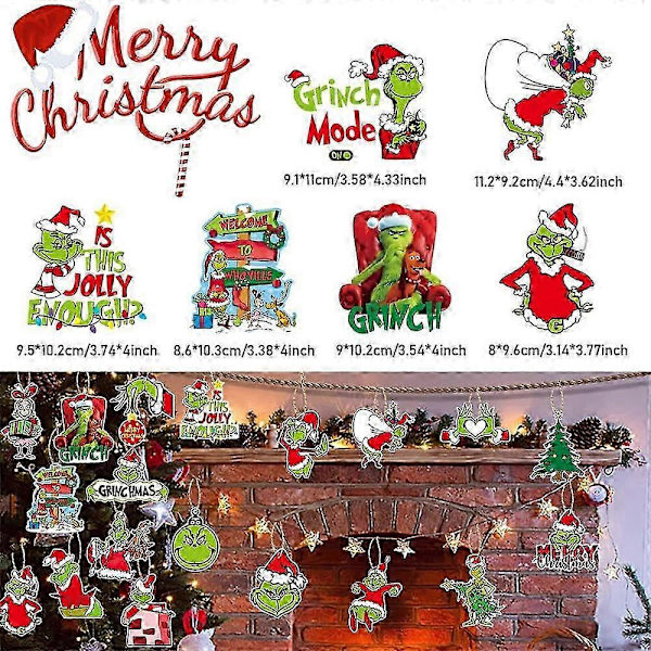 24 stk Grinch Juletrærpynt Grinch Trepynt - Juletrærhengende Pynt Grinch Whoville Juletrærpynt D