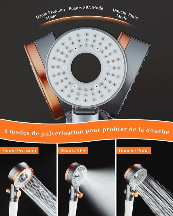 Vannbesparende dusjhode, anti-kalk med filter, 3 høytrykks spraymoduser, SPA dusjhode, med 2 filtre