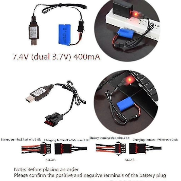 7.4v 3.7v X2 Laddare Sm-4p Li-ion Batteri Elektrisk Rc Leksaker Bil Båt Usb Kabel