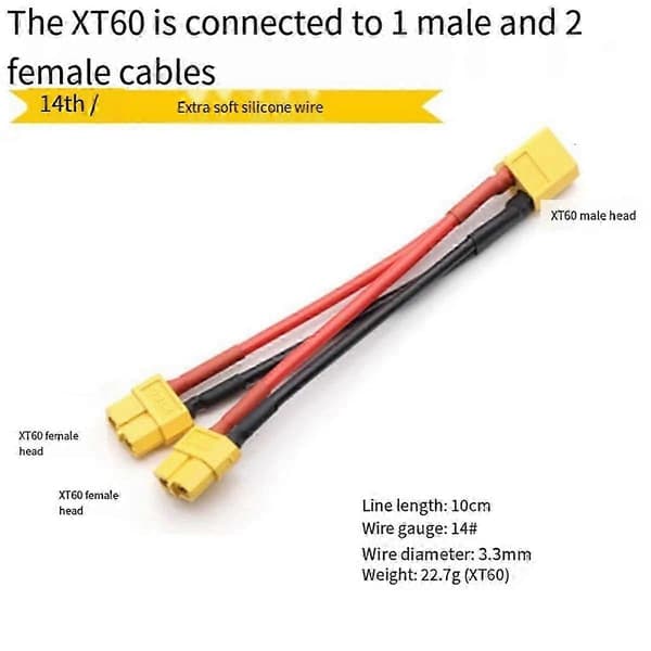 XT60 Parallel Batteristik 1 Han til 2 Hun Kabel Dobbelt Forlænger Y Splitter 14AWG Silikone W