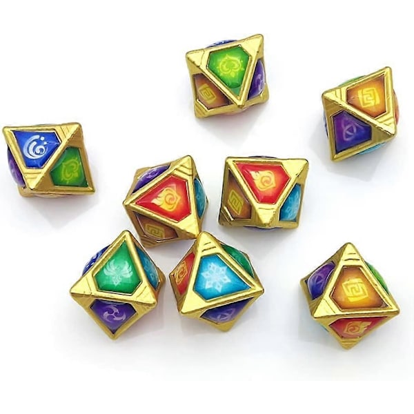 Genius Invokation TCG Terningesæt, Håndlavet 8 stk. Rhombisk Solidt Polyhedral Terningesæt med 7 Elementære Terninger & 1 Omni Element til Genshin Impact Kortspil