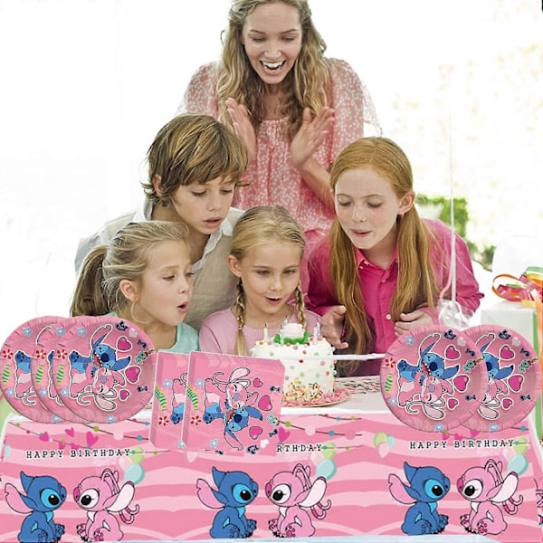 Rosa Stitch Partyfödelsedagsförråd, Cartoon Stitch Tema Party Servis med Grattis på Födelsedagen Banner, Duk, 20 Engångstallrikar 7\"