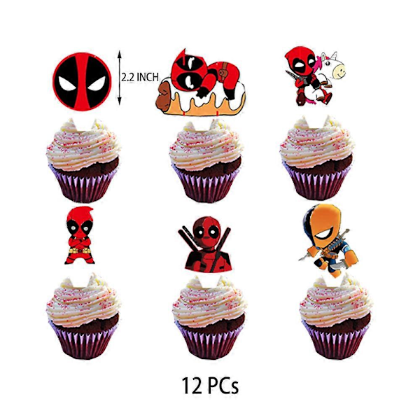 Deadpool-teemainen syntymäpäiväjuhlatarvikkeet, ilmapallot, banneri, kakku ja cupcake-koristeet
