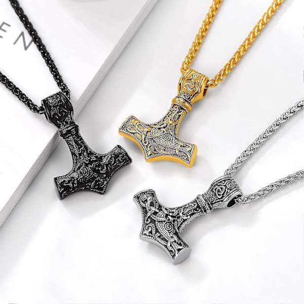 Herre Amulet Halskæde - Thors Hammer Vedhæng med Kæde, 55+5cm Justerbar, Smykker - Rustfrit Stål
