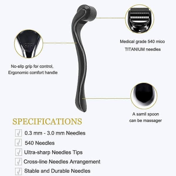 Derma Roller 0.75mm, 540 Titanium Microneedle Roller för Ansikte Ansiktsrynkor Håravfall Bristningar Hårväxt Mikro Professionell Microneedling