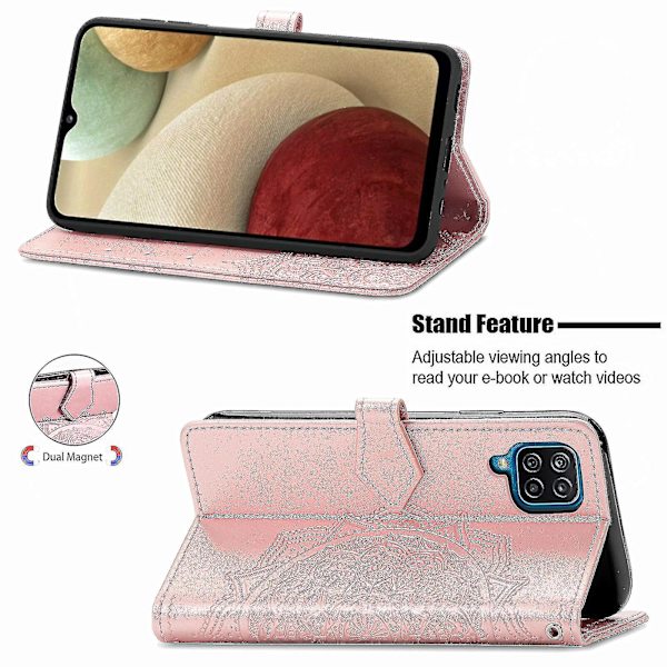 Kompatibel med Samsung Galaxy A12 Fodral Läder Plånboksfodral Präglad Mandala Magnetisk Flip Skydd Stöttålig - Roséguld