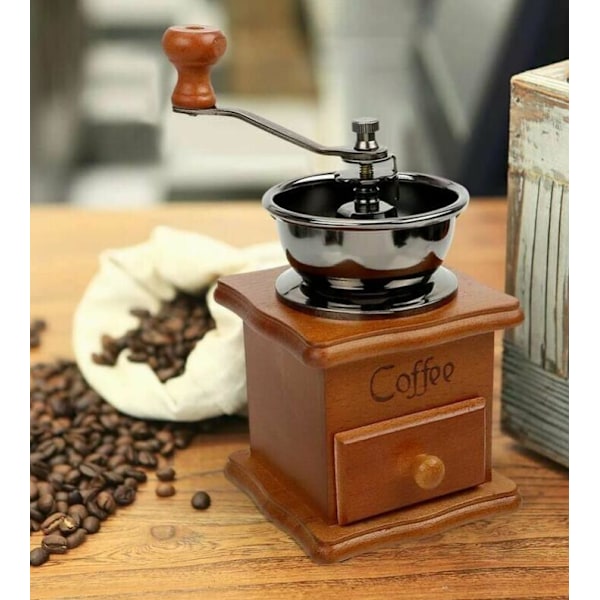 Retro Brun Træ Hånddrevet Kaffe Kværn Bærbar Håndsving Kaffe Kværn Antik Design Espresso Kværn til Kaffe Bønner Rustfrit Stål Mejsling